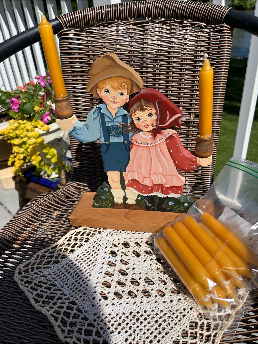 Hand-Painted Wooden Boy & Girl Candle Holder with Beeswax Tapers